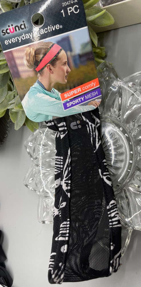 SCUNCI EVERYDAY & ACTIVE SPORTY TAPERED MESH HEAD BAND Black White 1 Pc