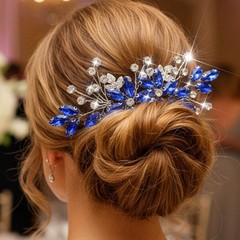 Crystal Bride Wedding Hair Comb Silver Leaf Bridal Accessories Rhinestone Blue