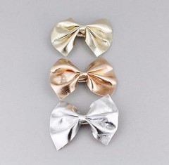 3 faux leather bow barrette metal hair clip 2.5″ wide Silver Rose Gold set of 3