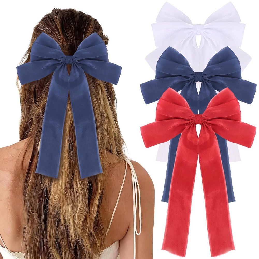 3pcs Hair Bows for Sheer Organza Ribbon Bows White Red Blue Clips Christmas H…