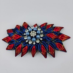 Kanzashi Hand Crafted Blue Red Gold w/Pearls Rhinestones Accent Hair Clip Brooch