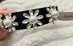 NEW Natasha Black Crystal Pearl Flowers Headband Jeweled