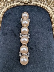 Vintage Faux Pearls & Rhinestone French Hair Barrette Silver Tone 3″
