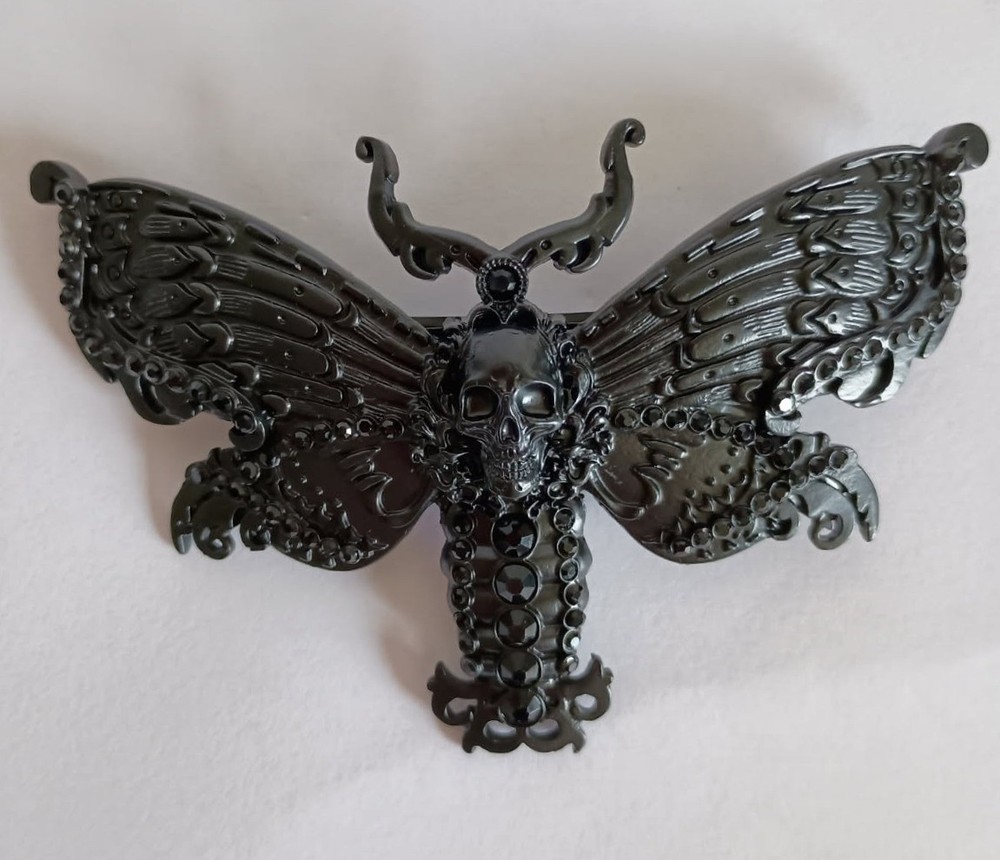 KILLSTAR Death Moth Barrette, Skull Accent, Rhinestone Accents, Metal Hair Clip