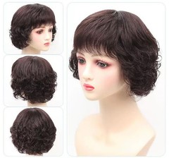 New Black/Brown 100% Human Hair Wavy Bob Full Wig for Women,Silk Top Whirl 10″