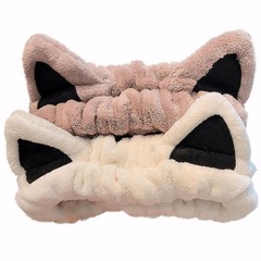 Cat Ears Headband, Soft Coral Fleece Spa Hair Accessories for Women Girls, Beige