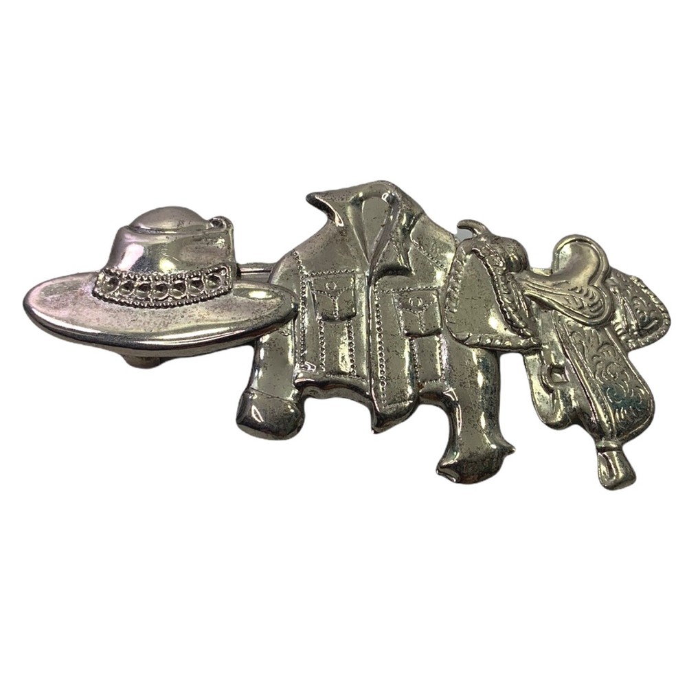 Vtg Western Hair Clip Barrette Cowboy Hat Saddle Silvertone Metal Cowgirl Korea