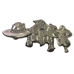 Vtg Western Hair Clip Barrette Cowboy Hat Saddle Silvertone Metal Cowgirl Korea