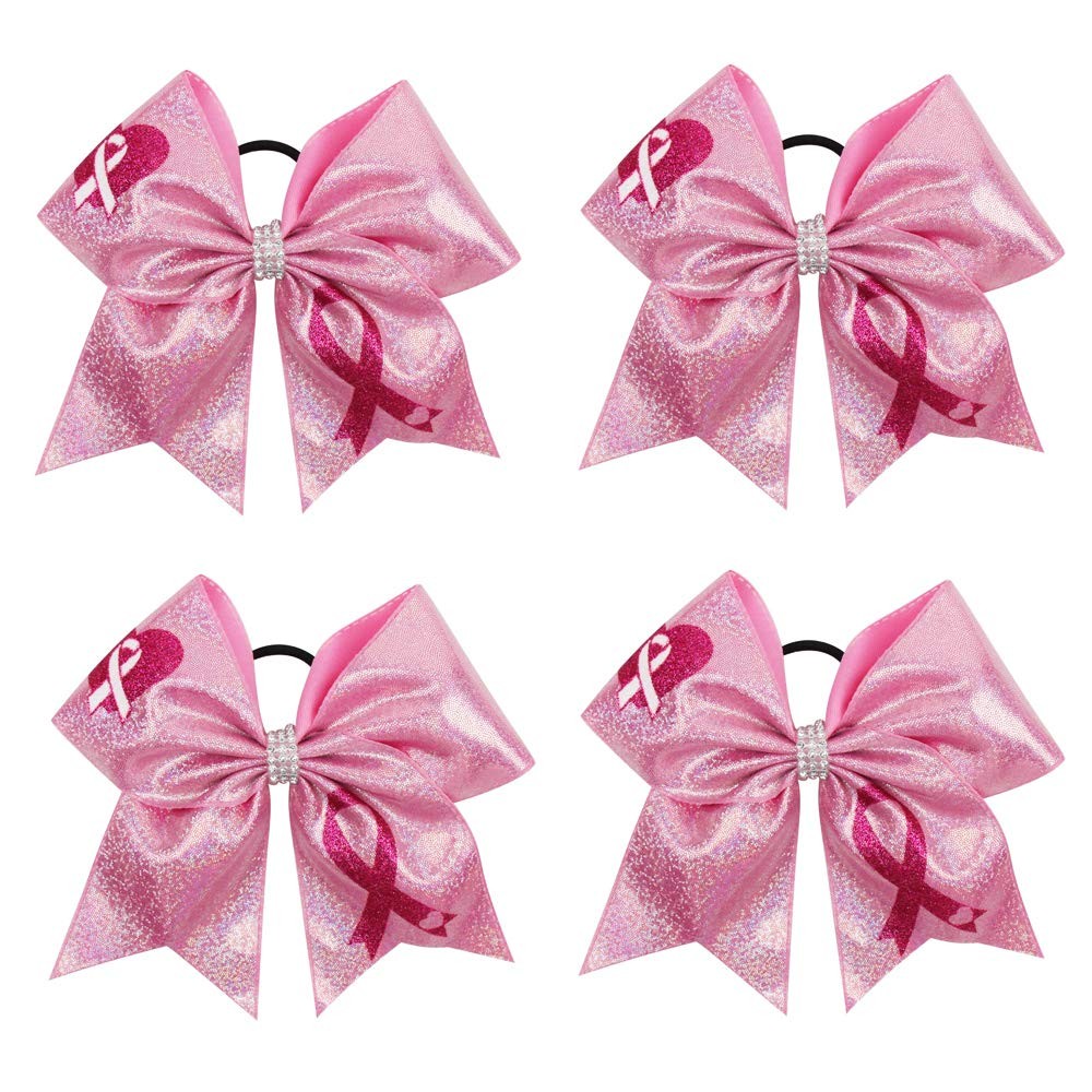 Hair Bow, 4PCS 7*7 inches (18cm) Breast Cancer Awareness Cheerleader Bow with…