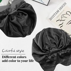2-in-1 Satin Sleep Bonnet & Eye Mask, Adjustable Silk Hair Cap Large, Black