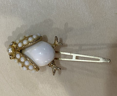 Gold Tone Metal Beetle Hair Clip Barrette w/ White Faux Pearls & Rhinestones
