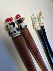 Vintage Wood Wooden Glass Hair Stick Pin Santa Hat Penguin Christmas Tree Black