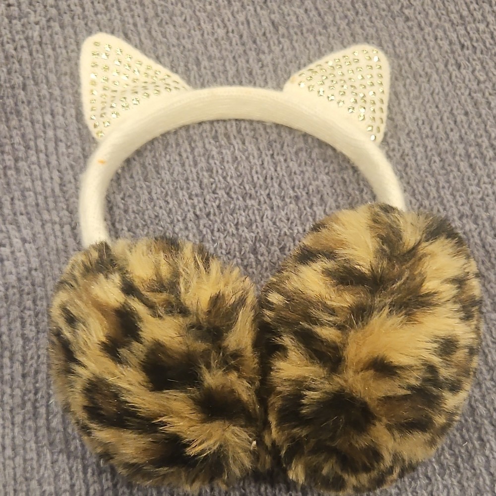 Faux Fur Leopard Print Cat Ear Headband with Rhinestone Accents for Women