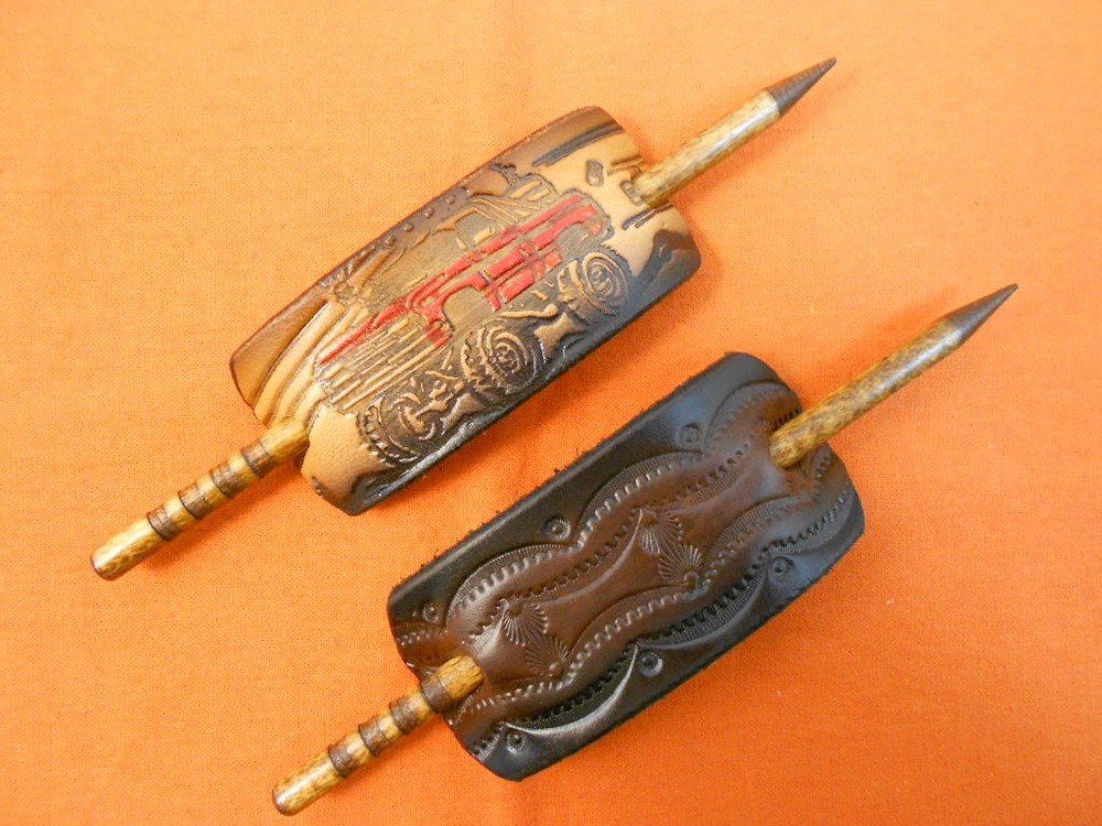 2 Leather Hair Barrettes w Sticks, Ponytail, 4X4 Truck Off Road Hand Crafted #51