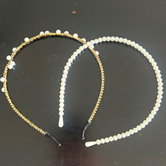 2 Pack Women’s White Faux Pearl & Rhinestone Gold Tone Headbands, Classic