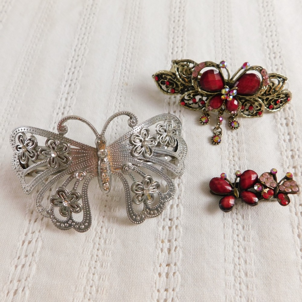 Butterfly Sequined Hair Clips Barrettes Lot of 3, Metal Jeweled Red Silver-Tone