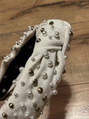 LELE SADOUGHI Knotted Headband White w/ Faux PEARLS & GOLD Studs Embellished
