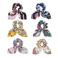 6 Piece Satin Pearl Bowknot Geometric Print Scrunchies Ponytail Holders Ties