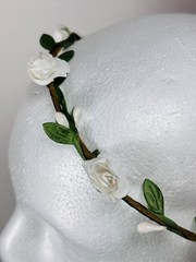 White Rose Flower Crown Wedding Quinceanera Communion Boho Green Headband FH_E