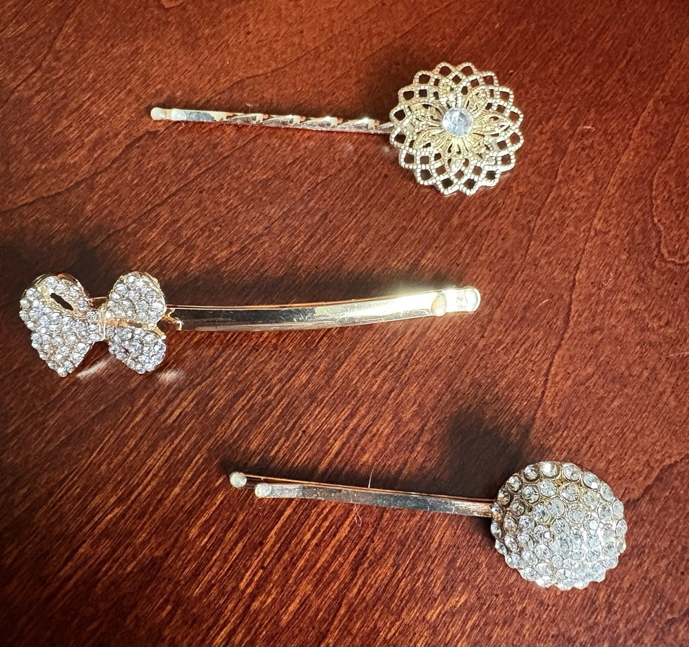 Set of 3 Gold Tone Bobby Pins with Rhinestones