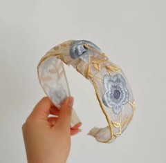 BRAND NEW PRETTY HANDMADE BLUE AND GOLD EMBROIDERED KNOTTED HEADBAND
