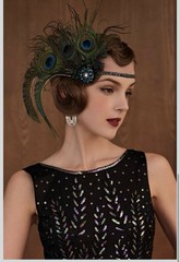 1920s Gatsby Flapper Feather Headband Beaded Blue Green Costume