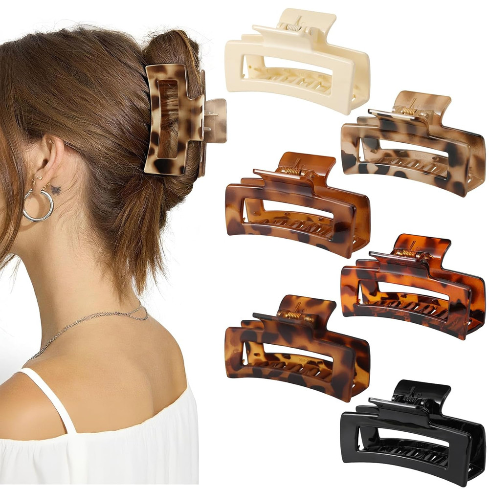 6 Pcs Rectangle Tortoise Shell Claw Clip – 3.35 Inch Medium Hair Clips for Women