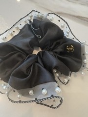 CHANEL Women’s Black/White Polka Dot Fabric Scrunchie Hair Tie Logo Beaded