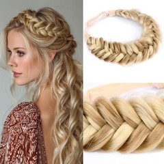 Wide Braided Headband Synthetic Hair Elastic Chunky Plait Golden Blonde Women