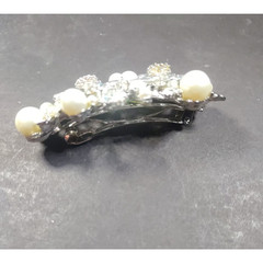 Hair Barrette Tension Clip Faux Pearls Rhinestone Silver Tone Elegant Church…