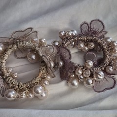 Floral Pearl Beaded Fabric Elastic Scrunchie Hair Tie Set 2 Beige Mauve