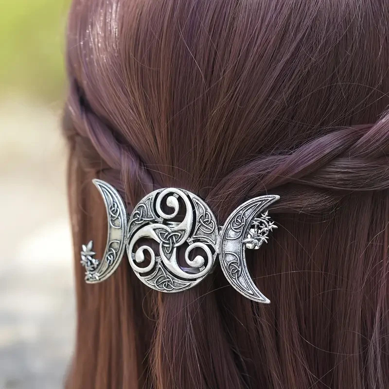 Vintage Triple Moon Round Celtic Crescent Moon Hair Barrett Clip Gothic