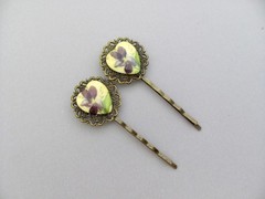 Heart Bobby Pins Vintage Violet Flower Vintage Bohemian Antiqued Brass Gift
