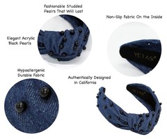 Blue Knotted Denim Headband Black Pearl Dark Blue Jean Top Knot Hair Band
