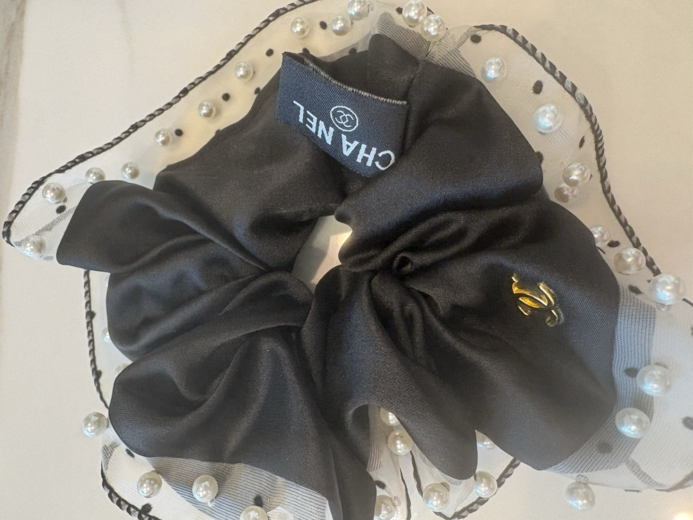 CHANEL Women’s Black/White Polka Dot Fabric Scrunchie Hair Tie Logo Beaded