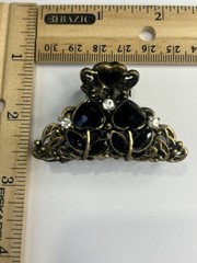 VINTAGE HAIR CLAW/CLIP~BLACK/ANTIQUED GOLD TONE