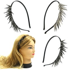 Black Metal Headband Wrapped with Satin Fabric Silver or Hematite Spikes