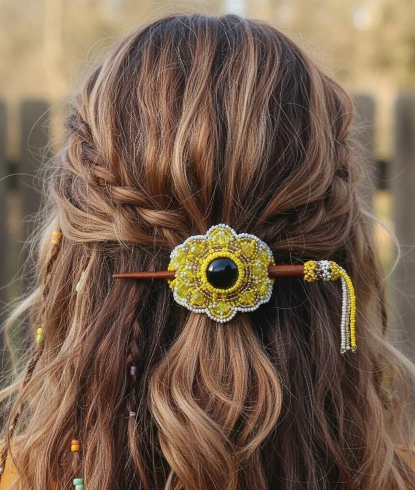 Handmade Guatemalan Beaded Hair Barrette with Stick Boho Ethnic Accessory