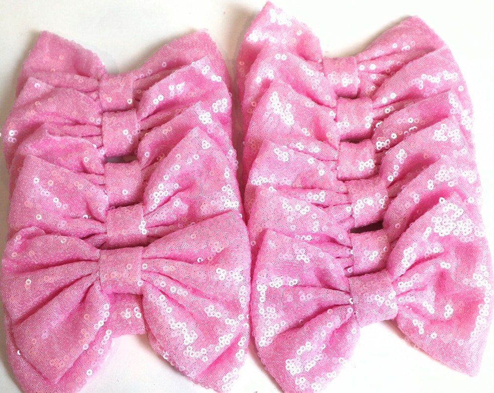 Set of 12 Large 5 inches Light Pink Sequin Bows,DIY Wholesale Bows / NO CLIP