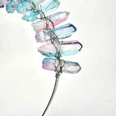Pink Blue Ombre Aura Clear Quartz Crown Headband Iridescent Raw Stone Points