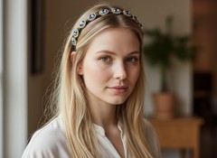 Gold Tone Blue Rhinestone Oval Link Headband / Hair Jewelry Women Hand Crafted