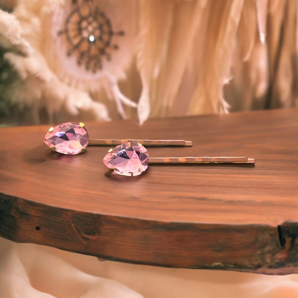 Pretty Pink Teardrop Rhinestone Hair Pins Trendy Womens Bobby Pins Gift Set of 2