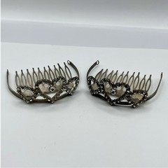 Vintage Silver Tone Hair Combs Rhinestone Heart Tiara Bridal Wedding Set of 2
