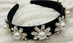NEW Natasha Black Crystal Pearl Flowers Headband Jeweled