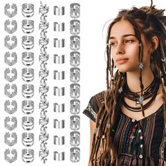50 PCS Silver Hair Jewelry for Braids Accessories, 5 Styles Hair Cuffs for Br…