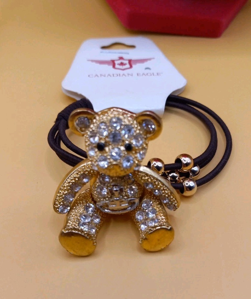 Rhinestones Teddy Bear Gold Tone Elastic Hair Tie NWT