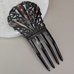Vintage Hair Comb Spanish Mantilla Celluloid Black Red Enamel Dots 4.75″