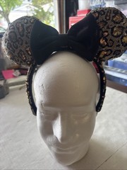 DISNEY Mickey Minnie Mouse Ears Headband Sequined Bow Leopard Print Black & Gold