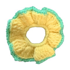Scrunchie Yellow w/ Aqua Edging New Hand Crochet by Me #127 I Combine Shipping