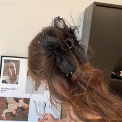 2Pc fashion Mesh Ostrich Hair Clip, Large 1 Count (Pack of 2), black